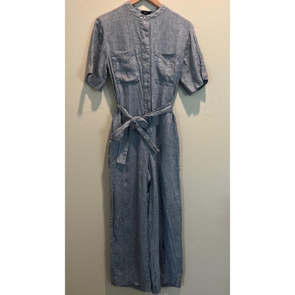 Theory Womens Pant Jumpsuit 6‎ Light Blue Belted Wide Leg Hemp Denim
